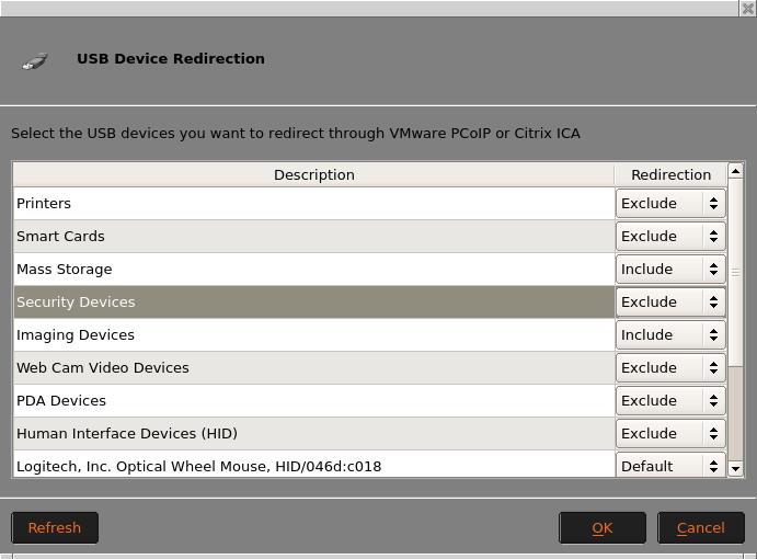 USB Devices USB Devices for VMWare and Citrix may be controlled here. Options are Default, Include or Exclude.