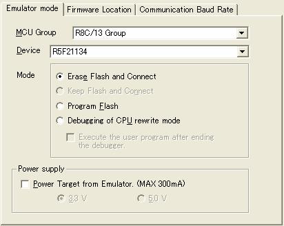 Section 7 Debugger Setting 2. [Emulator mode] tab Device selection, mode specification and power supply setting are made from the [Emulator mode] tab of the [Emulator Setting] dialog box. Figure 7.
