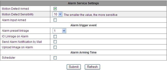 There are some Alarm modes for selection: IO Linkage, sending mails, uploading images,
