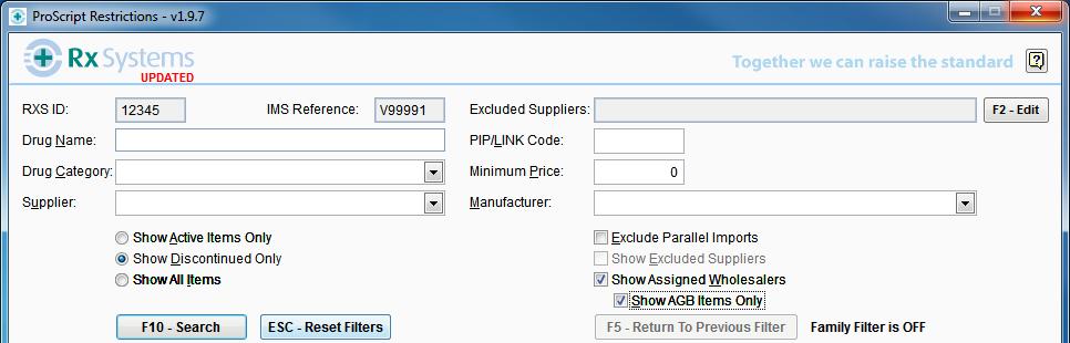 To view only restricted items, select the Show Assigned Wholesalers and the Show AGB Items Only tickboxes.