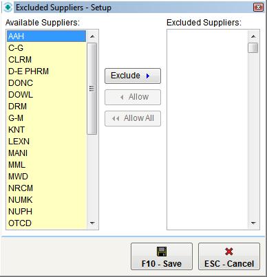 The list on the left-hand side displays the available suppliers while the list on the right-hand side displays the excluded suppliers.