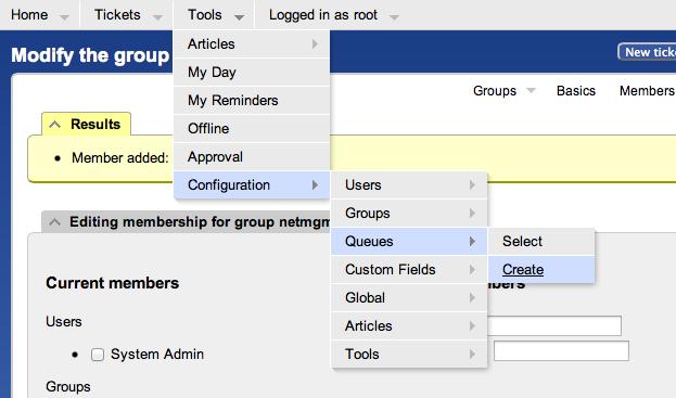 Member added 2.7 Exercise 6 RT Configuration: Create a New Queue At the top, choose the menu item Tools => Configuration => Queue => Create Create queue Fill in the fields.