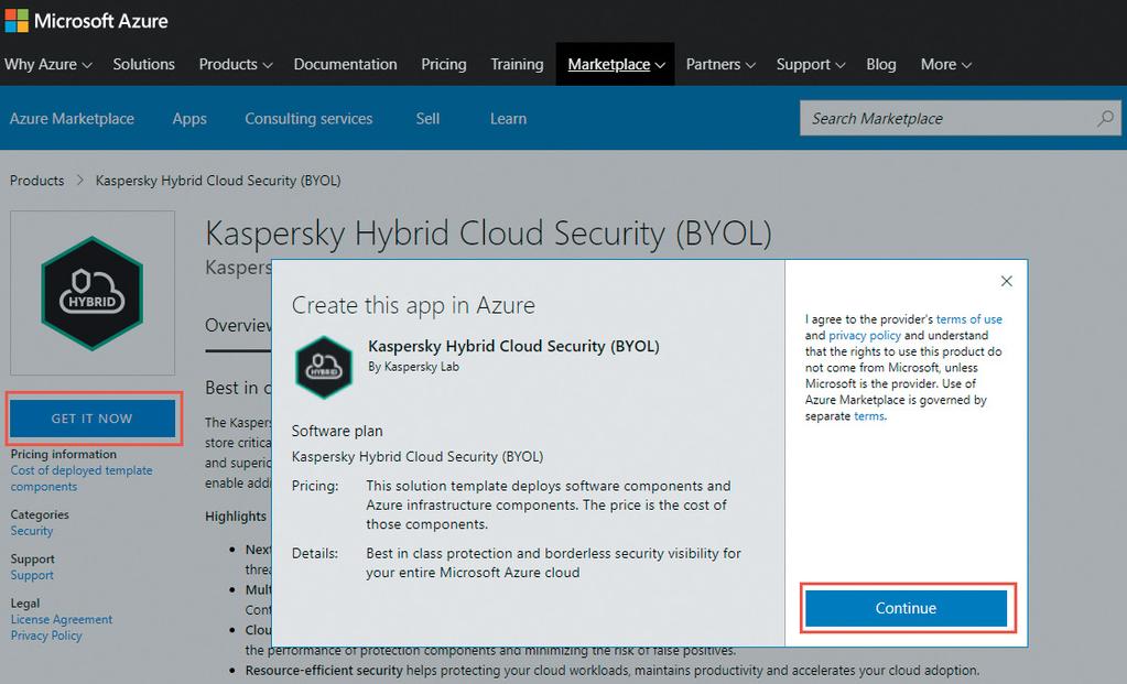 In the Search toolbar, search for Kaspersky Hybrid Cloud Security, then choose Kaspersky Hybrid Cloud Security (BYOL)