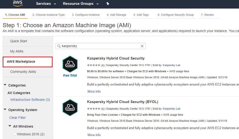 On this step, choose an Amazon Machine Image (AMI) page, switch to the AWS Marketplace tab and