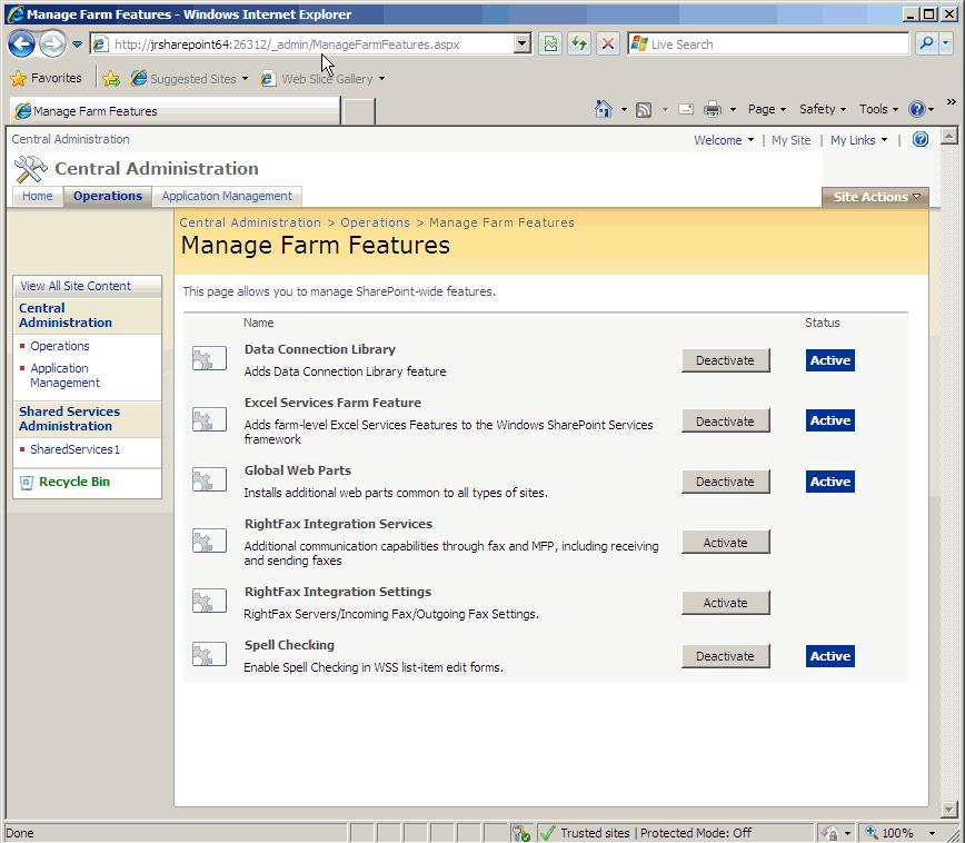 Chapter 2 Administering the OpenText RightFax Connector for Microsoft SharePoint 2007 You can activate and deactivate fax import and sending features on all sites by using SharePoint Central