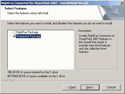 7. On the Select Features page, select the SharePoint Package check box and then click Next. Figure 1.3 Select Features page with SharePoint Package selected 1.