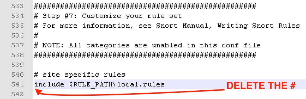 Machine: Router Snort: configuration file Go to: 7)Customize your rule set Uncomment include $RULE_PATH\local.