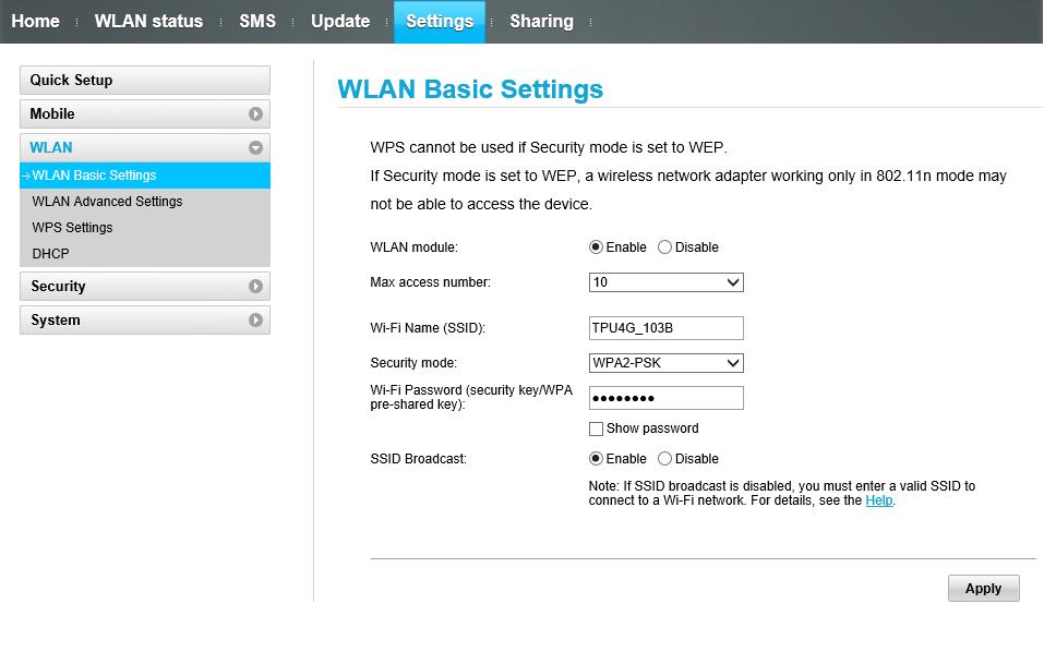 How to change Wi-Fi Password (security key) and/or Wi-Fi Name (SSID) Go to Settings Tab. Select WLAN, then select WLAN Basic Settings.