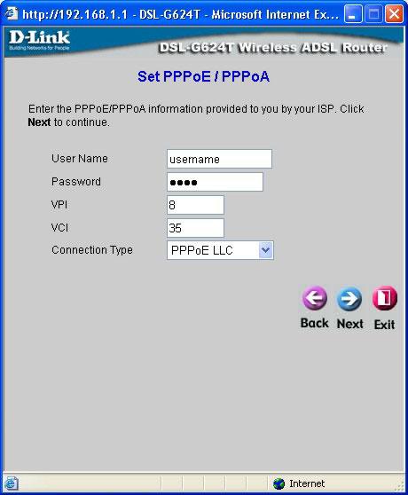 Using the Setup Wizard - For PPPoE/PPPoA connections: Type in the Username and Password used to identify and verify your account to the ISP.