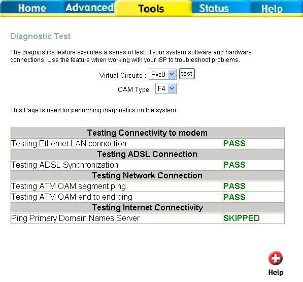 Diagnostic Test This window is used to test connectivity of the Router. A Ping test may be done through the local or external interface to test connectivity to known IP addresses.