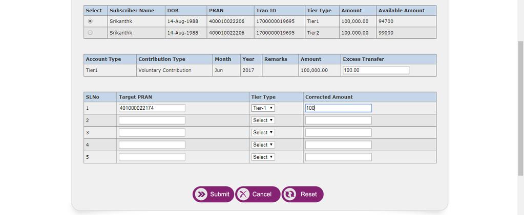 The Maker User will provide the amount which is to be debited from the source PRAN, Target PRANs, Tier Type (T1/T2) and correct amount to