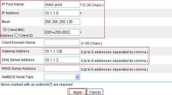Figure 10 Create a static address pool Type static-pool for IP Pool Name. Type 10.1.1.5 for IP Address. Type 255.255.255.128 for Mask. Type 000f-e200-0002 for Client MAC Address. Type 10.1.1.126 for Gateway Address.