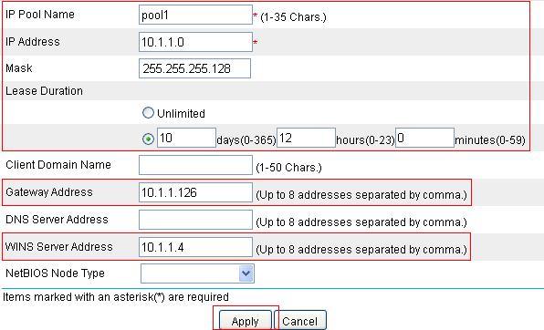 Figure 15 Configure DHCP address pool 1 Type pool1 for IP Pool Name. Type 10.1.1.0 for IP Address. Type 255.255.255.128 for Mask. Set Lease Duration to 10 days, 12 hours, and 0 minutes. Type 10.1.1.126 for Gateway Address.