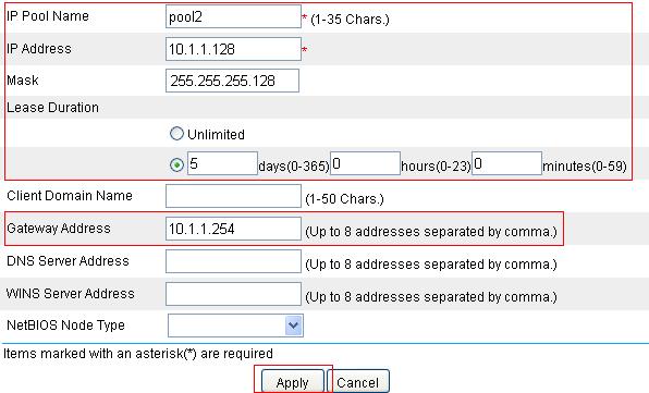 Figure 16 Configure DHCP address pool 2 Type pool2 for IP Pool Name. Type 10.1.1.128 for IP Address. Type 255.