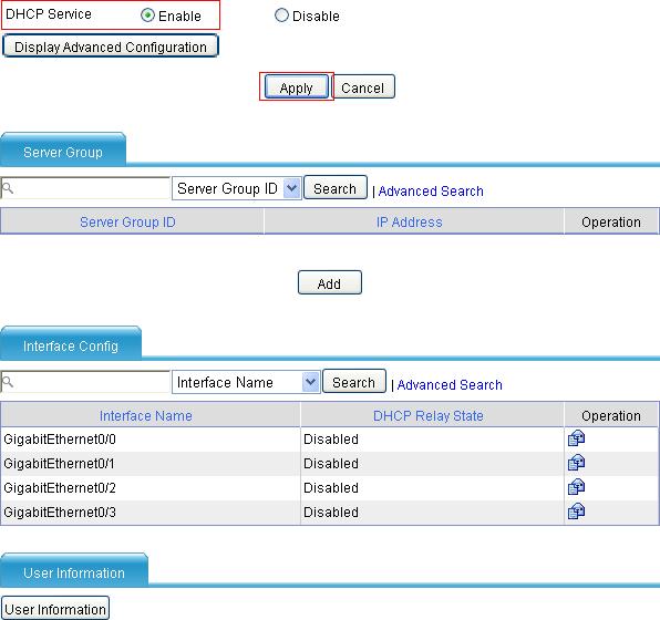 Figure 25 Enable the DHCP service Click on the Enable radio button in the