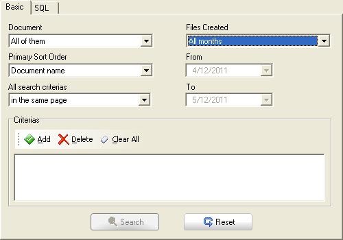 The PlanetPress Search Program New: Click to display a submenu where you can create a new search profile. Open: Click to open an existing Search Profile.
