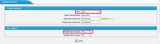 Figure 5-13 After enabling user account, you can log in MyPBX using user. user account can change its own password.