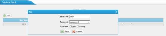 After entering Database Grant page, clicking Add, you can add a database user, set user password and grant authority.