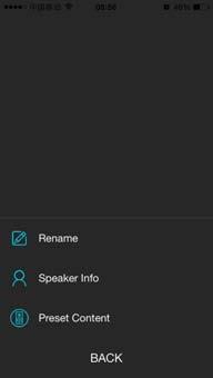 Tap to Rename, browse the Speaker Info and Preset Content.