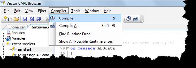 Brief Introdction to CAPL Compiling In order to generate an exectable program file from a CAPL program, the program mst be compiled with the CAPL compiler: Error messages are shown