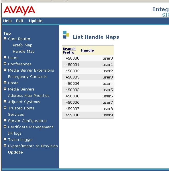 Installing SIP Enablement Services (SES) Information on the Handle Maps screen Fields on this list screen are read-only; they may be edited using the appropriate screen(s) in Branch Central Manager: