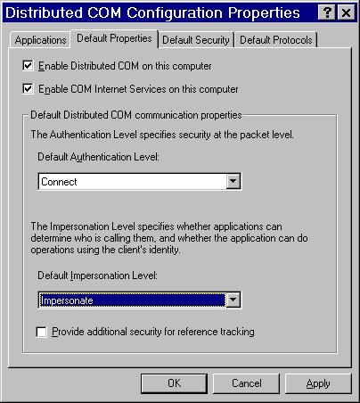 The dialog box that appears depends on the Windows operating system you are using: If you are using Windows NT/2000, the Distributed COM Configuration Properties dialog box appears.