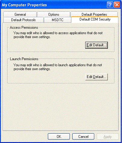 Setting Default COM Security on Windows XP Default COM security affects all COM applications that do not have launch permissions of their own.