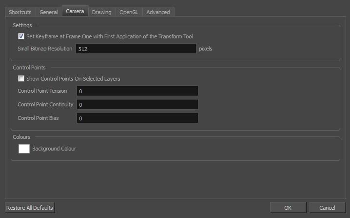 Camera Preferences Parameter Settings Description Set Keyframe At Frame One With First Application of the Transform Tool: When this option is selected, wherever you set a keyframe on a layer, a