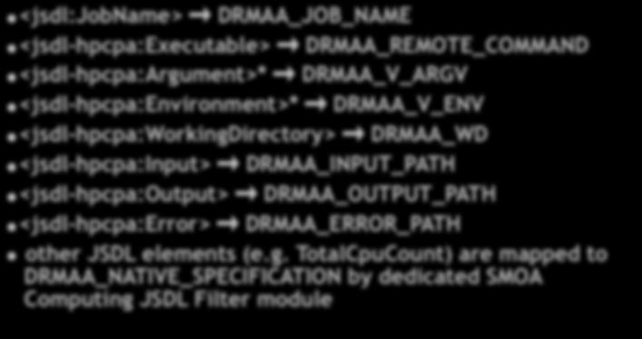 JSDL to DRMAA mapping <jsdl:jobname> DRMAA_JOB_NAME <jsdl-hpcpa:executable> DRMAA_REMOTE_COMMAND <jsdl-hpcpa:argument>* DRMAA_V_ARGV <jsdl-hpcpa:environment>* DRMAA_V_ENV