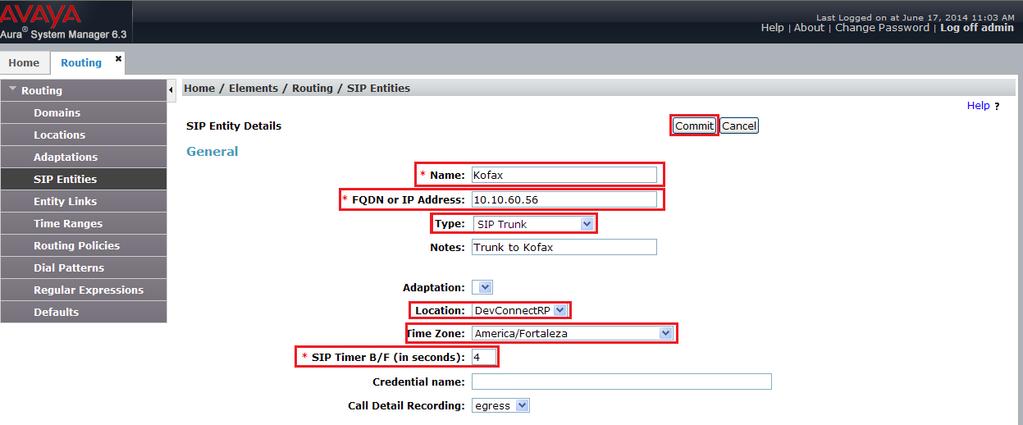 6.4. Create Kofax Communication Server as a SIP Entity A SIP Entity must be added for the Kofax Server.