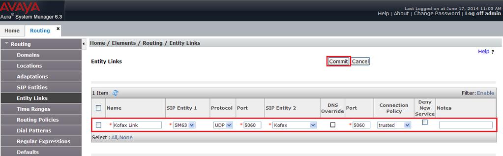 6.5. Create an Entity Link for Kofax Communication Server The SIP trunk between the Session Manager and the Kofax Server requires an Entity Link.