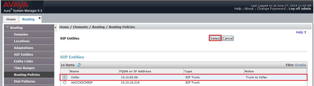 In Routing Policy Details enter an informative name in the Name field (example, To Kofax) and enter 0 in the Retries field. At SIP Entity as Destination, click the Select button.