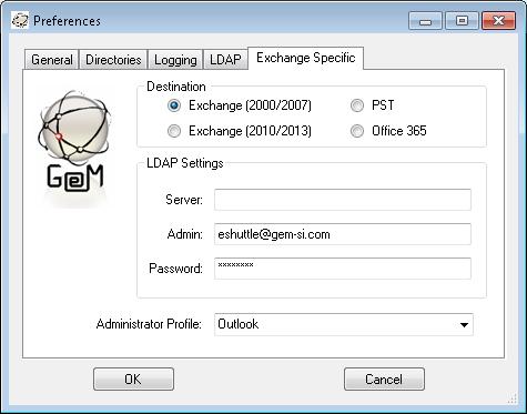 If loading into Exchange 2000 or 2007, choose this Destination option and fill in Primary Domain Controller in the Server blank, enter the email address and password of an account that has access to