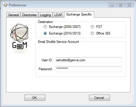 If you are loading into Exchange 2010 or 2013, choose this option and fill in the User ID and Password of the