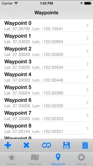 Waypoints Screen: The screen displays all the currently collected waypoints. If you wish to manually add or delete a Trackpoint you can do it here. 1. Touch the + button to manually add a waypoint 2.