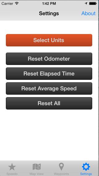 SETTINGS VIEW SCREEN Change Units Reset Time Reset Distance Reset All Reset Ave. Speed Figure 4 The Settings screen is used to personalize the App.