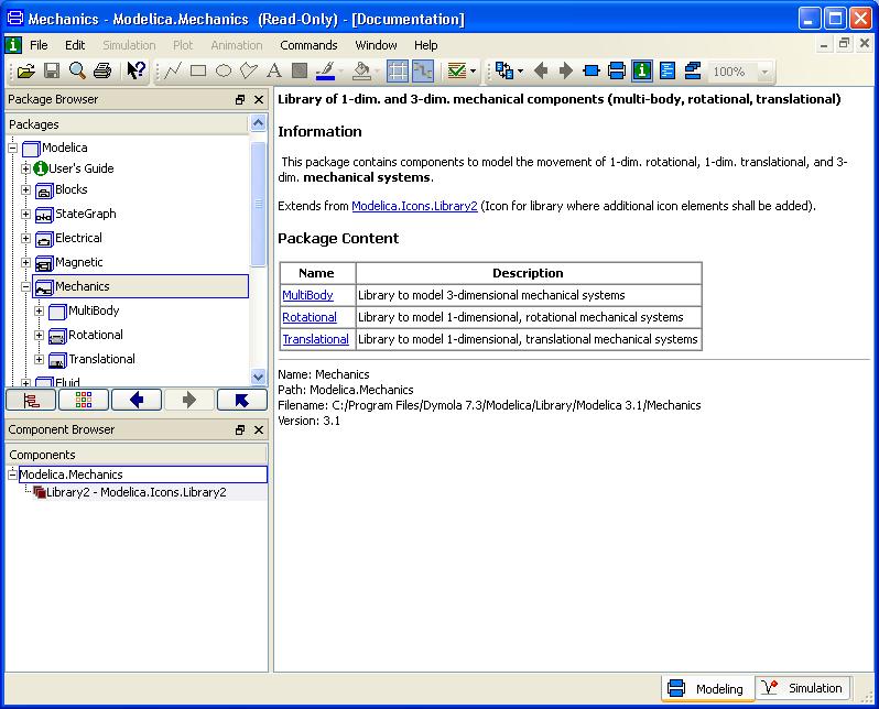 Opening Modelica.Mechanics. To get documentation on Modelica.Mechanics (as previously demonstrated) place the cursor on Mechanics, right-click and select Info.