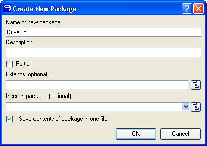 Creating a new Modelica package. Enter DriveLib as the new name of the package and click OK, and Accept in the information window.