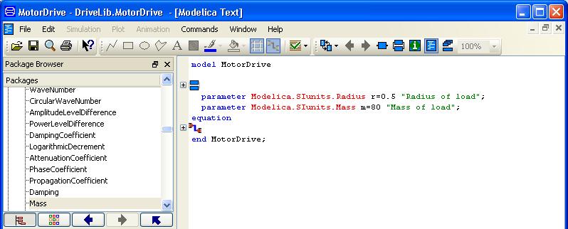 Parameter declarations added to motor drive. In Modelica Text representation above, the components and connections are indicated by + in the margin to the left of the text, and icons in the text.