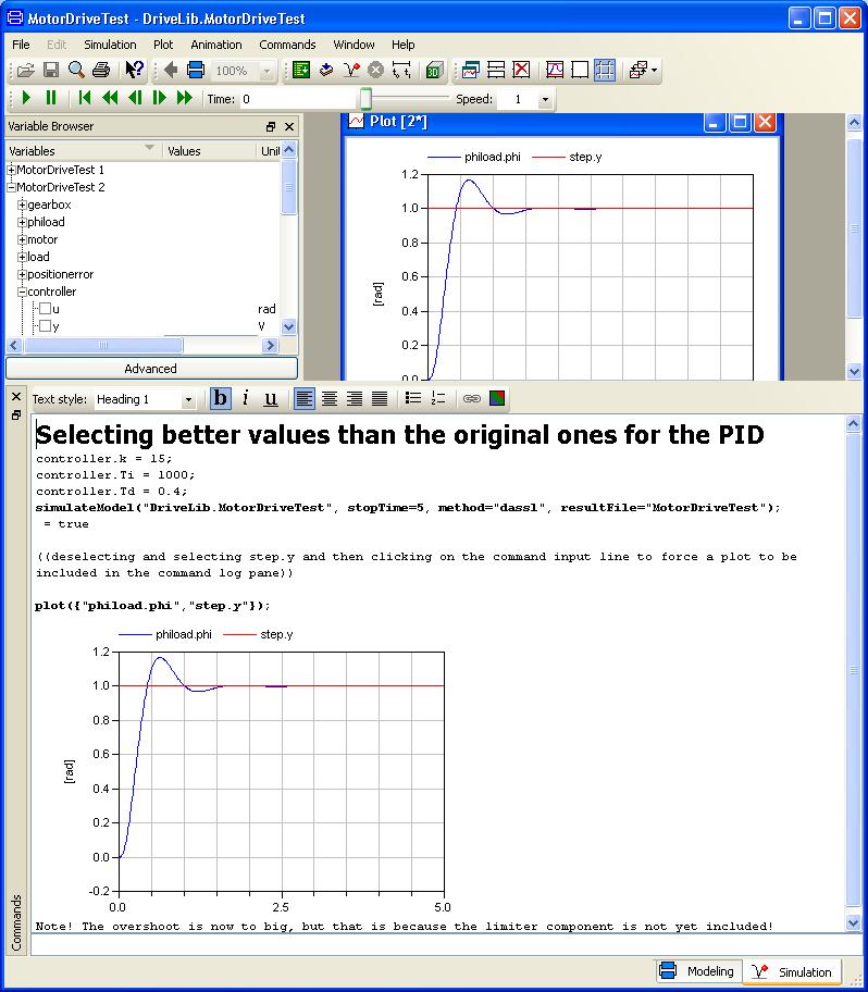 An example of documenting simulation. Now the content in the command log pane can be edited to document the simulation in a good way.