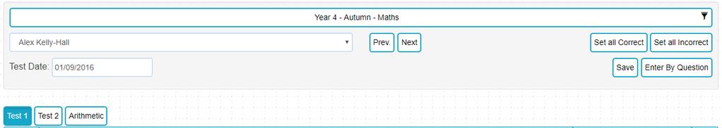 Similarly, to enter by pupil and enter by question, if there are multiple test papers these can be accessed by clicking on the button for the assessment you want on the left hand side, above the data