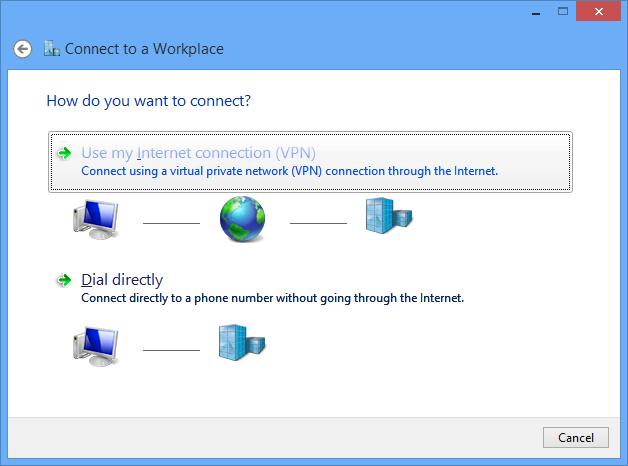 In the Connect to a Workplace dialog box, enter: Internet address: Enter the public IP address (found in Dashboard, under Security appliance >