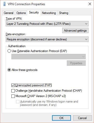 Click on "Advanced settings" In Advanced Properties dialog box, choose "Use preshared key for authentication" and enter the same key you used