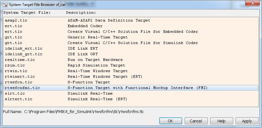 Options for FMU export After selecting the rtwsfcnfmi.