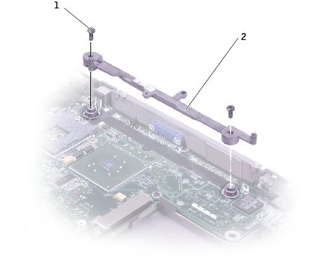 System Board: Dell Inspiron 8600 Service Manual 1 M2.5 x 6-mm screws (2) 2 system board support 9. Disconnect the speaker cable. 10.