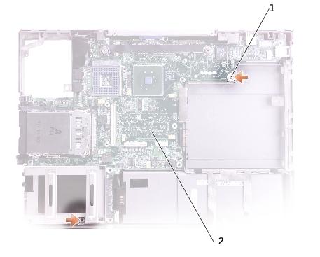 System Board: Dell Inspiron 8600 Service Manual 1 M2.5 x 4-mm screws (3) 2 system board 11. Remove the M2.