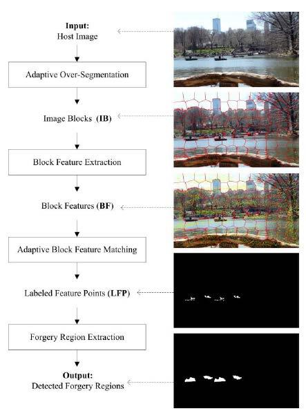 In this algorithm, the author chose SIFT as the feature point extraction method to extract the feature points from each image block, and each block is characterized by the SIFT feature points that