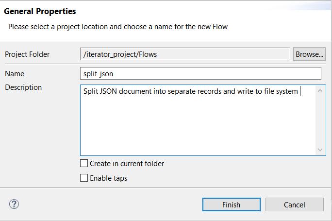 2. Enter a name for your process flow (for example, split_json), a description (optional), and then click Finish.
