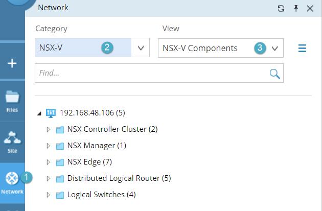 1. Click Network on the taskbar. 2. Select NSX-V from the Category list, and then select NSX-V Components from the View list. 3. Expand a component to view devices (nodes) that the component contains.