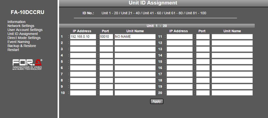 5-3-4. Unit ID Assignment Click Unit ID Assignment in the left pane to display the Unit ID Assignment page.
